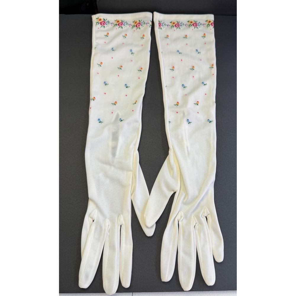 Vintage Floral Embroidered Opera Gloves White Pearl Button Cottagecore Wedding